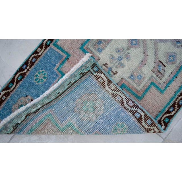 Sky Blue Vintage Small Rug Runner Hand Made Mat Turkish Rug Enrty Decor Bath Mat- 1′8″ × 4′1″ For Sale - Image 8 of 13