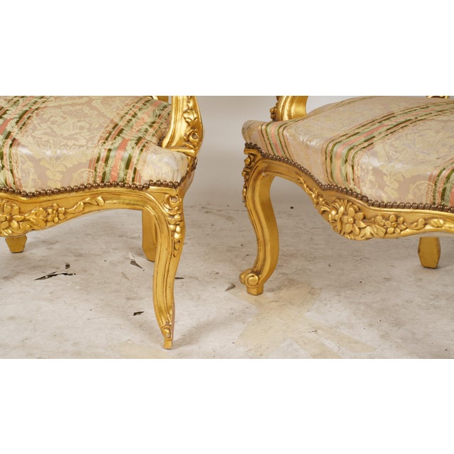 Gold A Pair of Rococo-Style Giltwood Armchairs New Upholstery & Nailhead Trim For Sale - Image 8 of 10