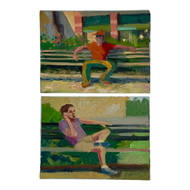 Pair of Original Oil/Canvas Painting of New York City Park Bench Sitters For Sale
