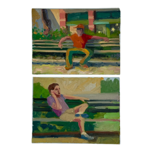 Pair of Original Oil/Canvas Painting of New York City Park Bench Sitters