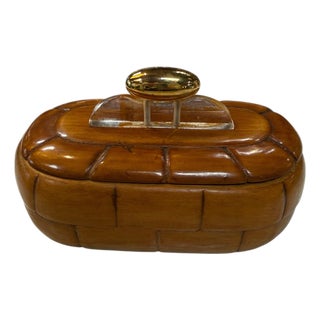 Vintage Mid-Century Carved Wood Trinket Box With Lucite & Brass Handle For Sale