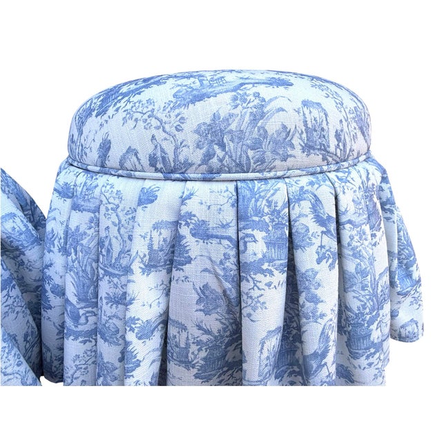 English Country Chinois Blue & White Toile Skirted Storage Ottomans, a Pair For Sale - Image 4 of 10