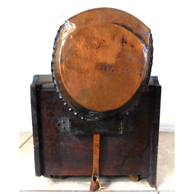 Antique 19th C Rolling Wood & Brass Figural Fireplace Scuttle Box Coal Bucket W/ Liner & Scoop For Sale - Image 9 of 11