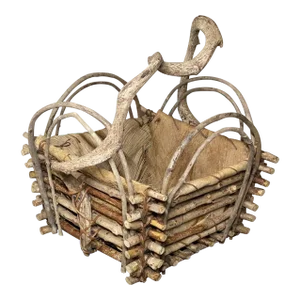 Handmade Woven Twig & Palm Husk Basket Freeform Branch Handle