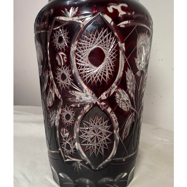Red Vintage Handmade Red Cranberry Czech Cut to Clear Crystal Glass Ornate Vase For Sale - Image 8 of 9