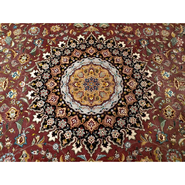 Vintage Persian Tabriz Rug, Hand-Knotted Wool & Silk, Fine Floral Pattern, Burgundy & Navy, 10x13 For Sale - Image 15 of 18