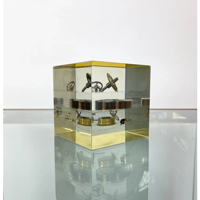 1970s Acrylic Paperweight Cube Sculpture With Clock Parts by Pierre Giraudon, 1970s For Sale - Image 5 of 13