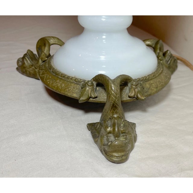 Metal Antique 1800's Ornate Victorian Apollon Brass Milk Glass Electrified Oil Lamp For Sale - Image 7 of 13