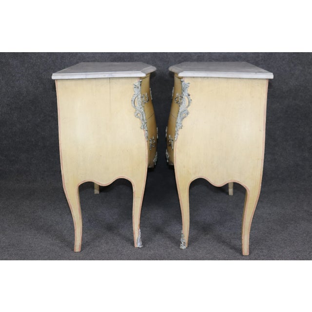 Fine Painted Pair French Louis XV Style Marble Top Bronze Mounted Nightstands For Sale - Image 4 of 12