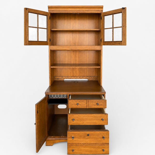 Wood 1990s Pair of Cottage Style Oak Hutch Cabinets With Glass Doors For Sale - Image 7 of 18