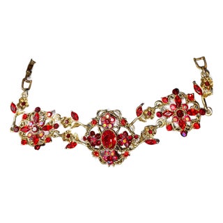 MCM Jewelry by Bohemian (Czech) Artisans. Panel Link Bracelet Large Faceted Oval Ruby Glass Stone, Surrounded by Quatrefoil-Arranged Floral Clusters. For Sale