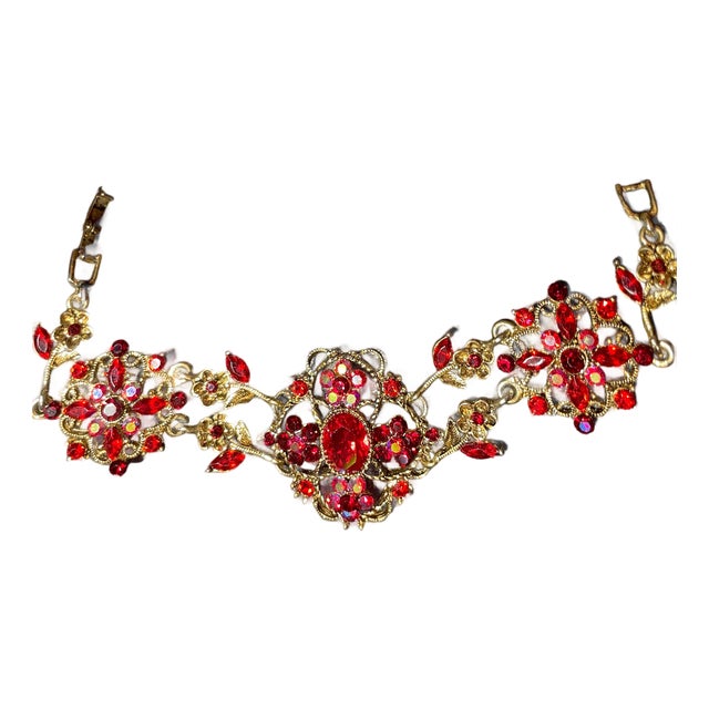 MCM Jewelry by Bohemian (Czech) Artisans. Panel Link Bracelet Large Faceted Oval Ruby Glass Stone, Surrounded by Quatrefoil-Arranged Floral Clusters. For Sale