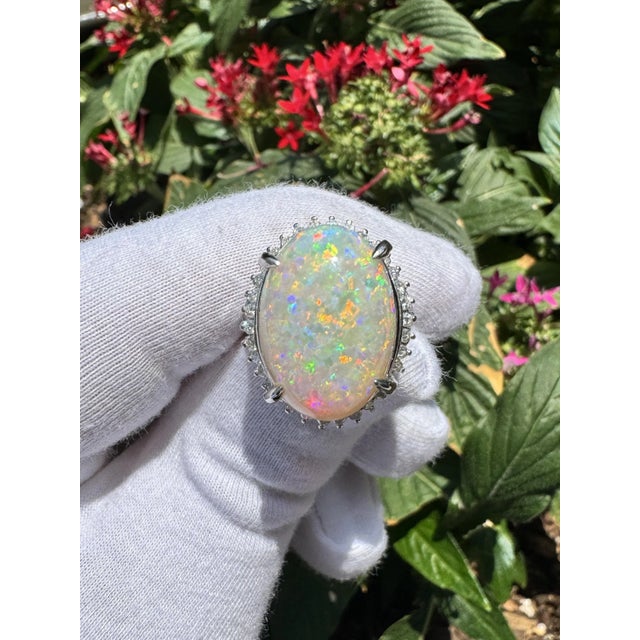 7.86 Carat Natural White Opal and Diamond Halo Platinum Ring For Sale - Image 4 of 12