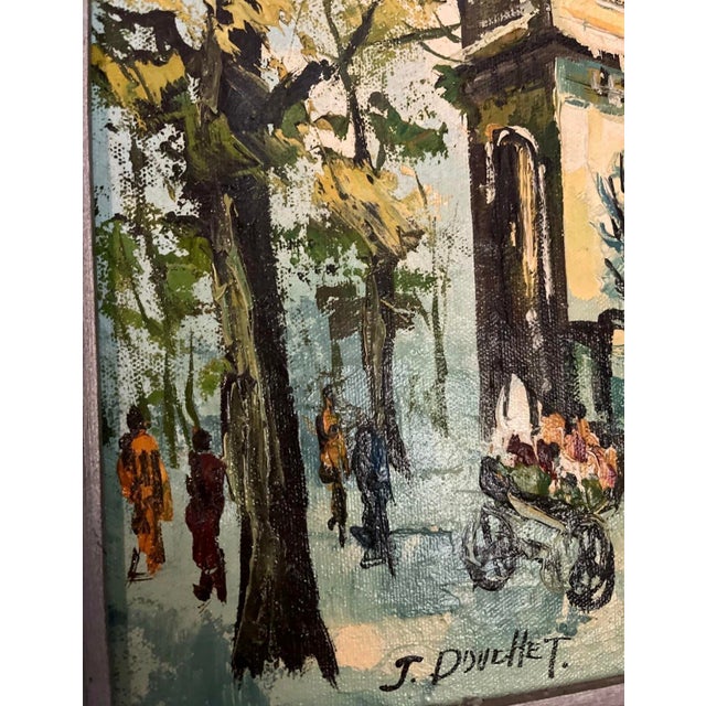 Charming vintage mid-century oil painting depicting the Arc de Triomphe in a lively Parisian street scene. Executed in an...