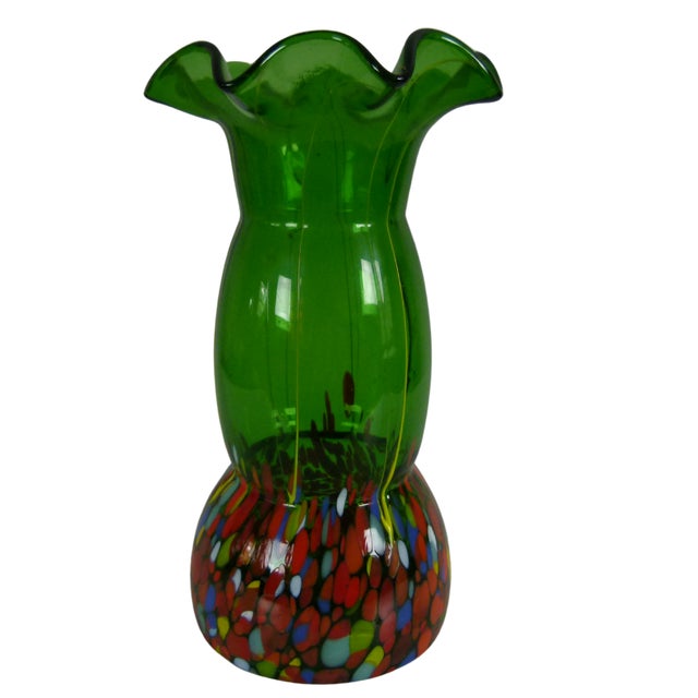 1980s Czech Bohemian Hand Blown Green Glass Vase Yellow Pulls and Multi-Colored Base For Sale - Image 9 of 12