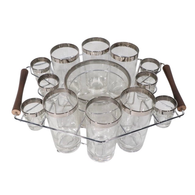 Chic Drink Mid Century Hollywood Regency drink caddy set to include 12 silver banded glasses, 1 silver banded ice bucket,...
