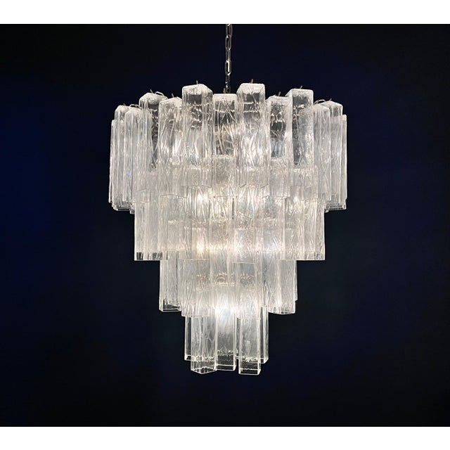 Italian Murano Glass Chandelier | 4 Tier Clear Square Prism Tubes, Polished Nickel, 1980 (Style) Modern Luxury Lighting For Sale In Los Angeles - Image 6 of 6