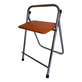 Folding Occasional Stool in Chromed Metal with Orange Imitation Leather Seat, France, 1970s For Sale