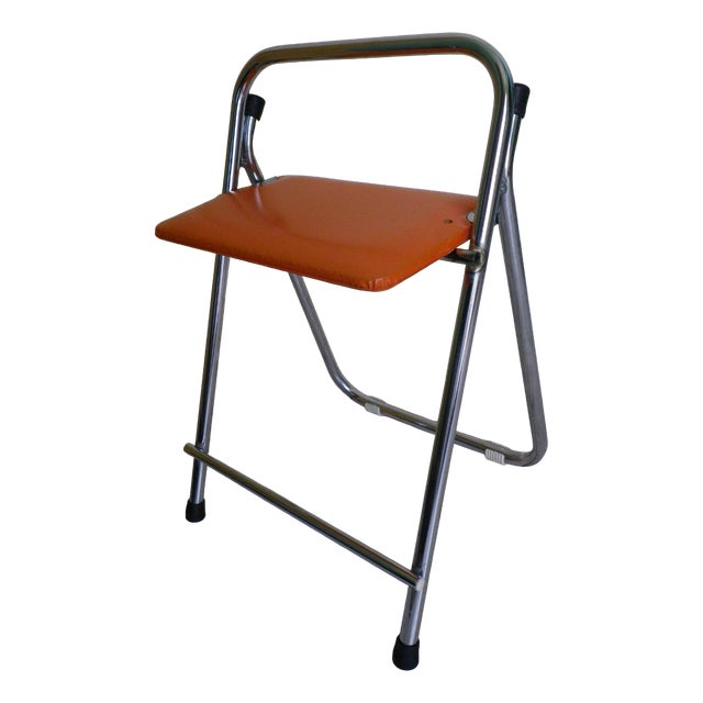 Folding Occasional Stool in Chromed Metal with Orange Imitation Leather Seat, France, 1970s For Sale