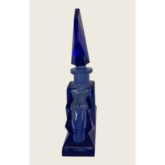 Art Deco Art Deco Czech Cobalt Blue Fan Perfume Bottle With Faceted Cut Stopper C 1920 For Sale - Image 3 of 6