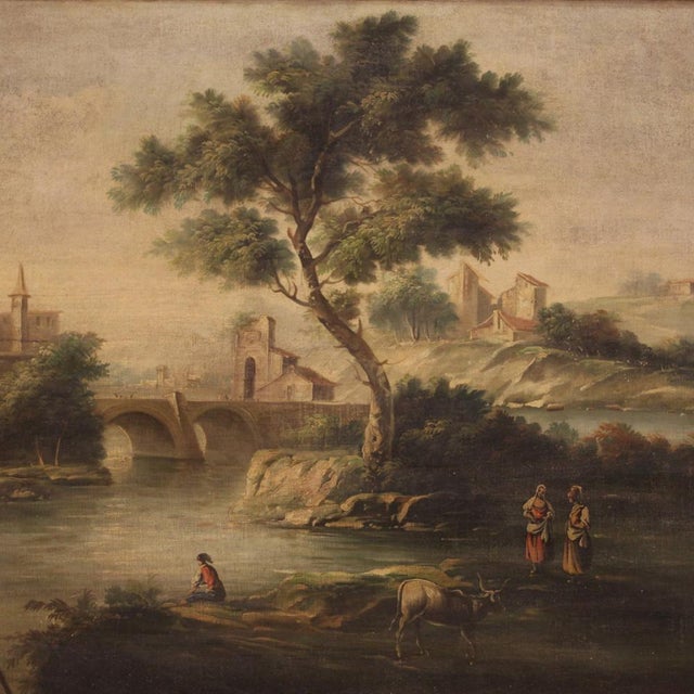 Italian painting from the mid-20th century. Framework oil on canvas depicting a river landscape with eighteenth-century...