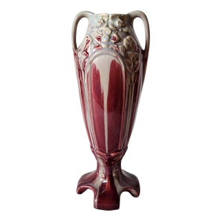 Art Nouveau Burgundy Barbotine Vase with Floral Relief, 1900s For Sale