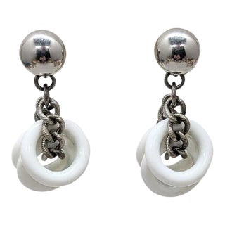 Vintage 1950s Signed Napier Silvertone White Resin Hoop Drops Clip Earrings-2 Pieces For Sale