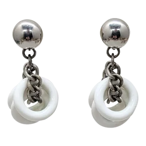 Vintage 1950s Signed Napier Silvertone White Resin Hoop Drops Clip Earrings-2 Pieces