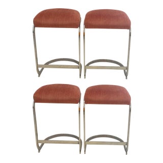1980s Vintage Milo Baughman Cantelievered Chrome Bar Stools- Set of 4 For Sale