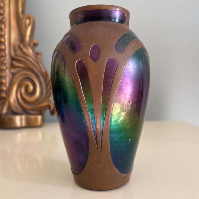 Art Nouveau Vintage Bohemian Art Glass Vase With Copper Overlay For Sale - Image 3 of 9
