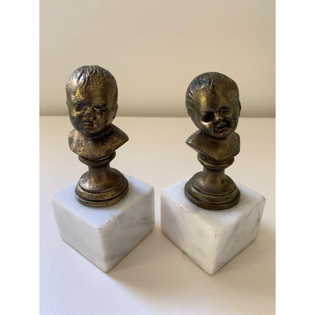 Figurative Vintage Brass & Marble Child Busts Bookends - a Pair For Sale - Image 3 of 11