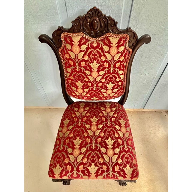 C. 1870 Antique American Victorian Rococo Revival Mahogany Parlor Chair With Carved Crest, Ball-and-Claw Feet, Tapestry Upholstery For Sale - Image 12 of 13