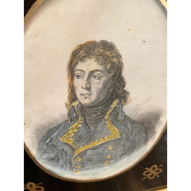 Wood Antique Pair of Hand-Colored Napoleonic Era Portrait Engravings – Hortense De Beauharnais & Louis Desaix With Verre Églomisé Mats, Early 19th Century For Sale - Image 7 of 8