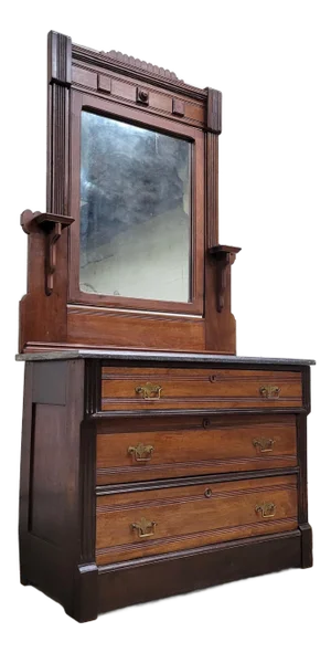 Antique Victorian Eastlake Farmhouse Marble Top Carved Dresser With Mirror