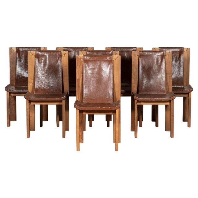 French Brutalist Elm & Leather Chairs by Roland Haeusler, 1980s, Set of 8 For Sale