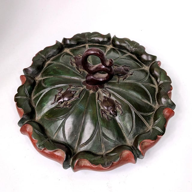 20th Century Chinese Large Red Lacquer Wooden Container With a Lotus Leaf Lid For Sale - Image 4 of 7