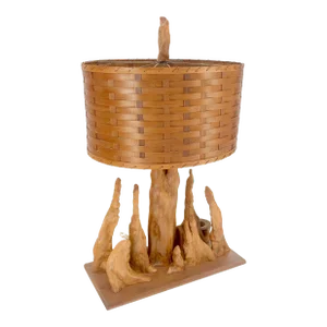 Mid Century Cypres Root Driftwood Style Backet Weave Shape Shade Table Lamp MINT