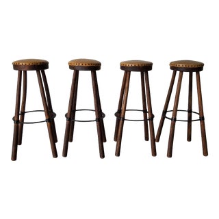 Mid-Century Handmade Wood and Leather Seats Bar Stools - Set of 4 For Sale