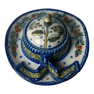 Antique Quimper Hat Shaped Inkwell, French Faience