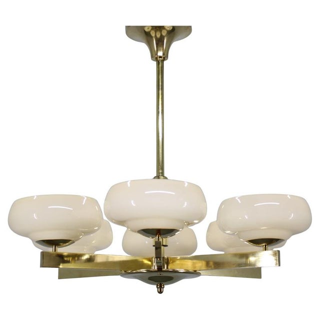Art Deco Brass Chandelier with Opaline Glass, Czechoslovakia, 1930s For Sale - Image 15 of 15