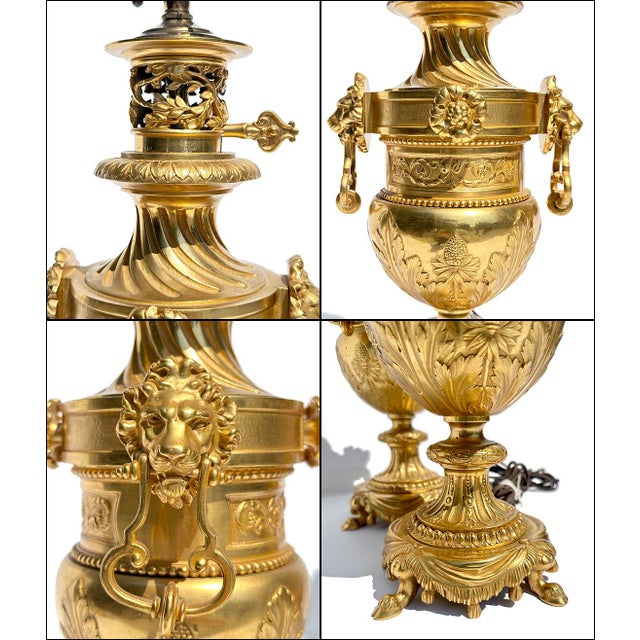 French Empire/NeoClassical Gilt Bronze W/Lion Heads Lamps-Set of Two For Sale - Image 4 of 7