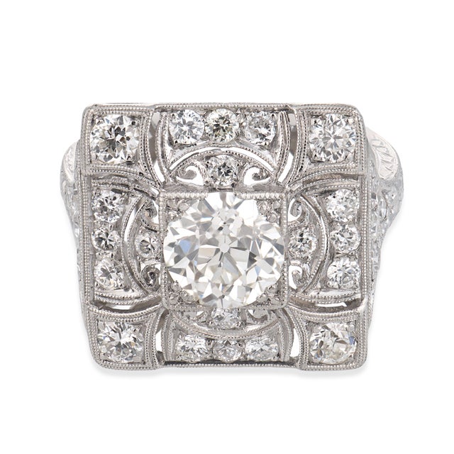 Art Deco 1930s Art Deco Gia 1.41 Carat Old European Cut Diamond Platinum Ring, Size 6 For Sale - Image 3 of 6