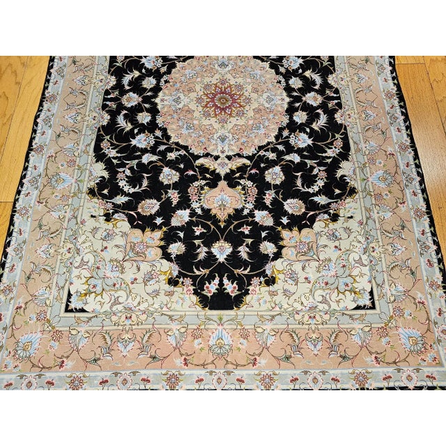 Black Persian Tabriz Rug, Handwoven Floral Pattern With Silk Highlights, Black & Ivory, 7’ X 10’ For Sale - Image 8 of 12