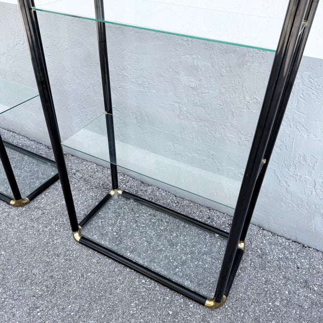 Art Deco Black Lacquered Etagere With Gold Accents and Glass Shelves - A Pair For Sale - Image 9 of 12
