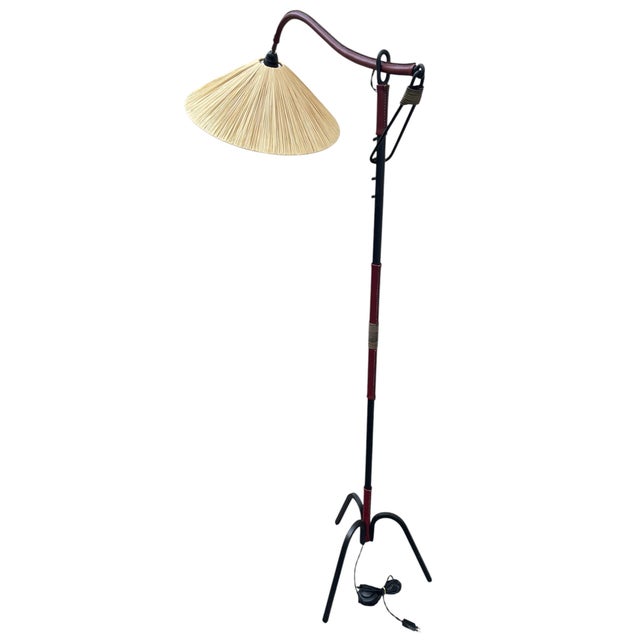 Black Adjustable Floor Lamp in Metal Covered with Burgundy Leather by Jacques Adnet, 1950 For Sale - Image 8 of 9