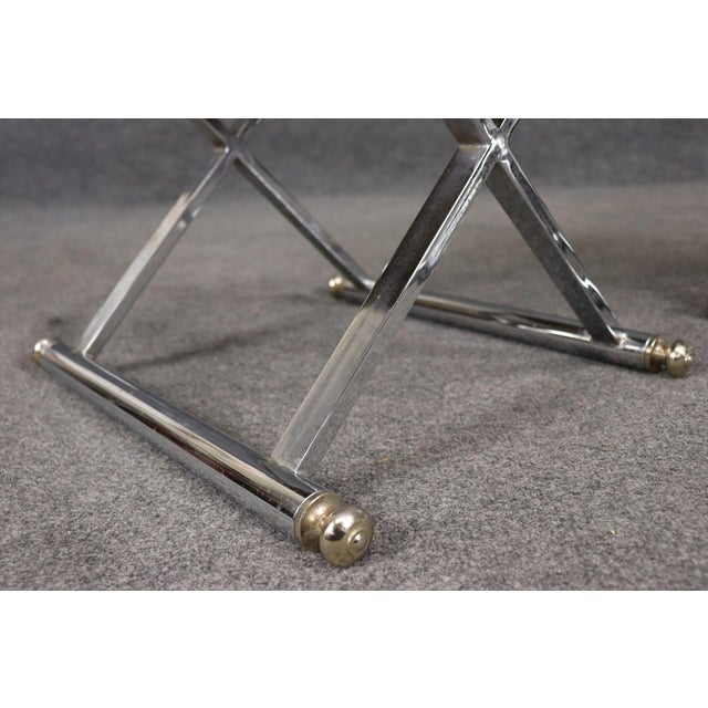 Steel and Brass Leather Upholstered X Form Jansen Style Stool For Sale - Image 9 of 10