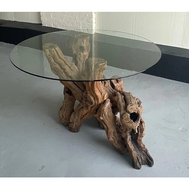 1980s Vintage Burl Wood Root Table With Glass Top For Sale - Image 4 of 7