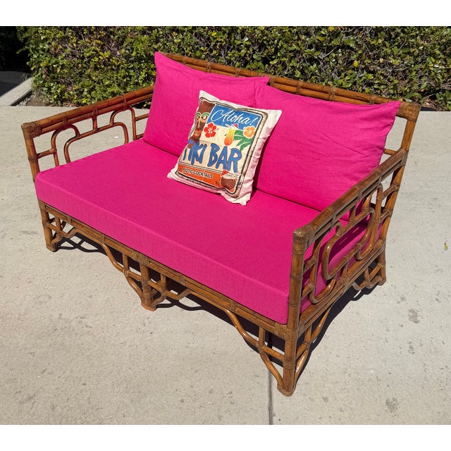 Brown Vintage Rattan Chinoiserie Loveseat, New Pink Linen Upholstery For Sale - Image 8 of 14