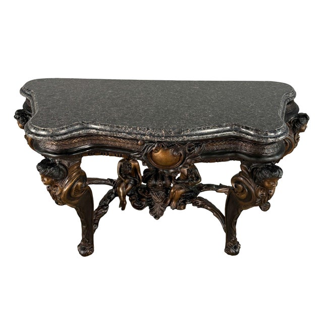Early 21st Century Ornate Bronze Cherub Console Table, Granite Top - For Sale - Image 5 of 8