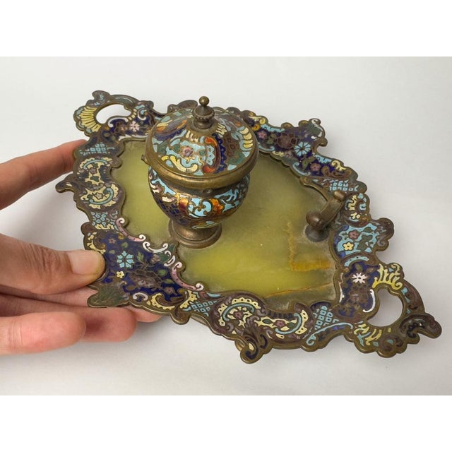 French Napoleon III Champlevé Enamel Inkwell on Tray, 1800s For Sale - Image 6 of 14